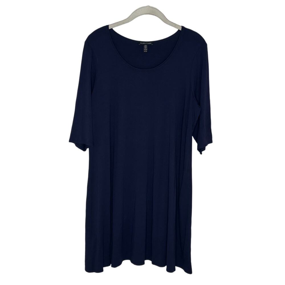 Eileen Fisher Women’s Navy Blue Half Sleeve Tunic Top Blouse Stretch Size XL